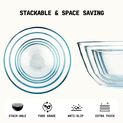 5pc Glass Mixing Bowls Sets (4.65QT, 2.80QT, 1.64QT, 1.16QT, 0.85QT), Glass Nesting Kitchen Thick Bowl for Baking, Cooking Prep, Storage, Large Salad Bowls Sets-Dishwasher Microwave Freezer Safe
