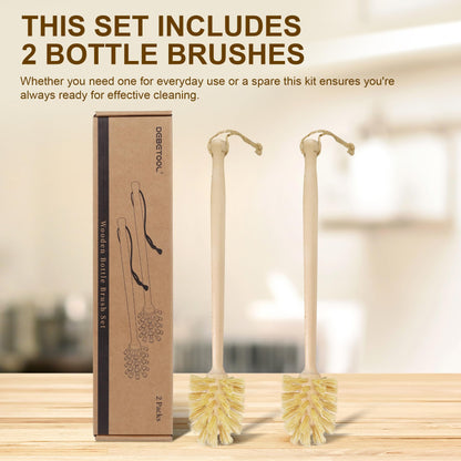 DEBETOOL 2-Pack Natural Wooden Bottle Brush with Sisal Bristles, Long Handle Bottle Brush Cleaner for Wide Mouth Jars, Water Bottles, Cups, Glasses, Baby Bottles (Non-Scratch)