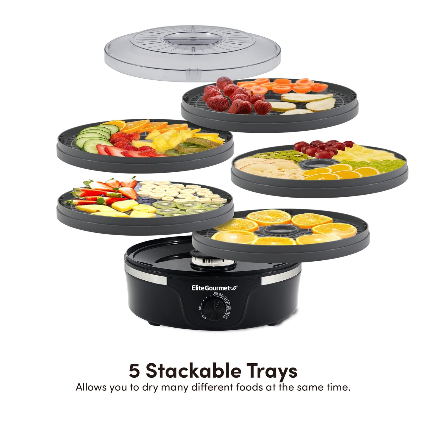 Elite Gourmet EFD319DKG Food Dehydrator, 5 BPA-Free 11.4" Trays Adjustable Temperature Controls, Jerky, Herbs, Fruit, Veggies, Dried Snacks, Black and Grey