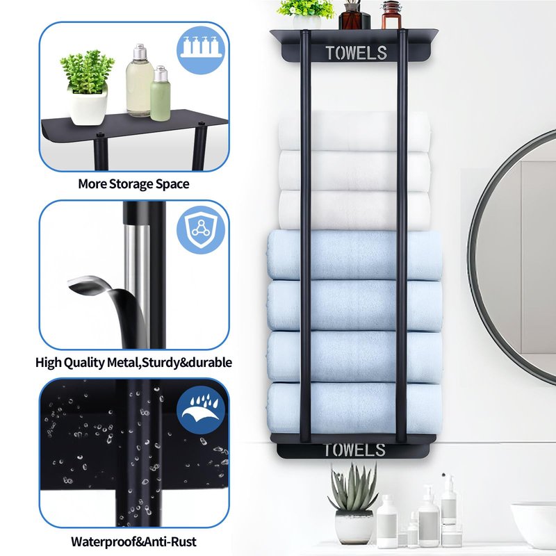 Bathroom Towel Storage Rack,30 Inch Towel Racks for Bathroom Wall Mounted with Shelf Can Holds 8 Large Towels, Metal Wall Towel Rack for Rolled Towels,Folded Towels (Black)