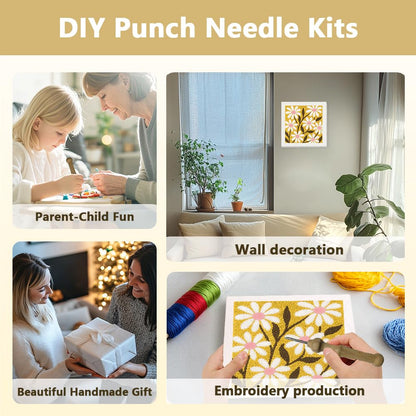 Doodlream Daisy Flowers DIY Punch Needle Embroidery Kit for Adult Beginner, 9.4" Floral Punch Stitching Craft Set for Starter with Frame, Fabric Pattern, Threader, Yarn, Pinch Needle