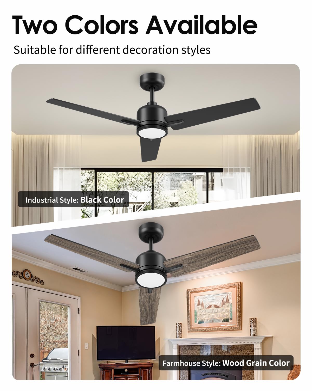 Newday 52 inch Ceiling Fans with Lights and Remote, Black 3 Blade Outdoor Fans for Patios -Dimmable Indoor DC Motor, 6 Speed, Quiet Noiseless, 3 CCT, Reversible, High CFM