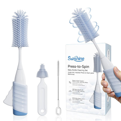 Swishine Baby Bottle Brush Set, Innovative Efficient Press-to-Spin Brush Cleaner - Includes Silicone Bottle Brush, Nipple Brush, Straw Cleaner - Spinning Generates Rich Foam for Deep Cleaning, Blue