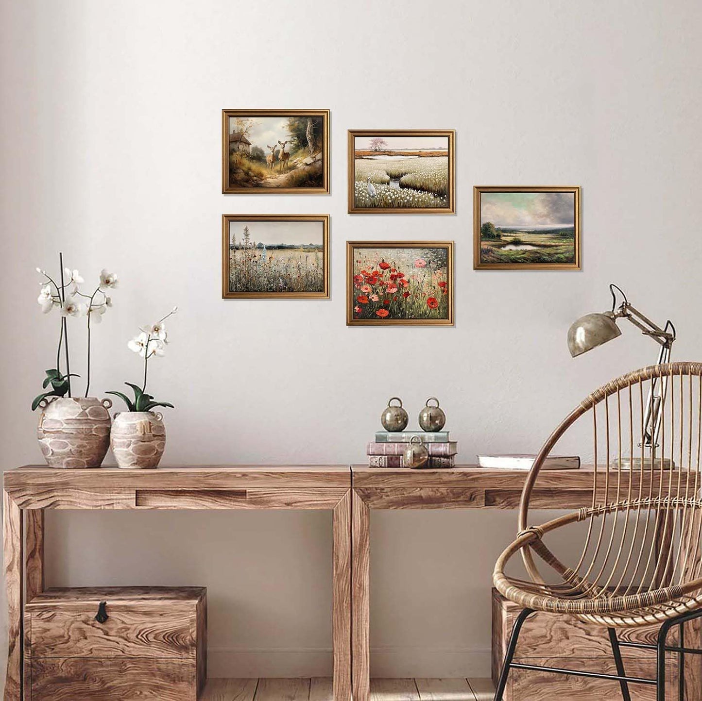 Gold Framed Vintage Wall Art, Classical French Landscape Wildflowers Botanical Painting Canvas Print for Kitchen