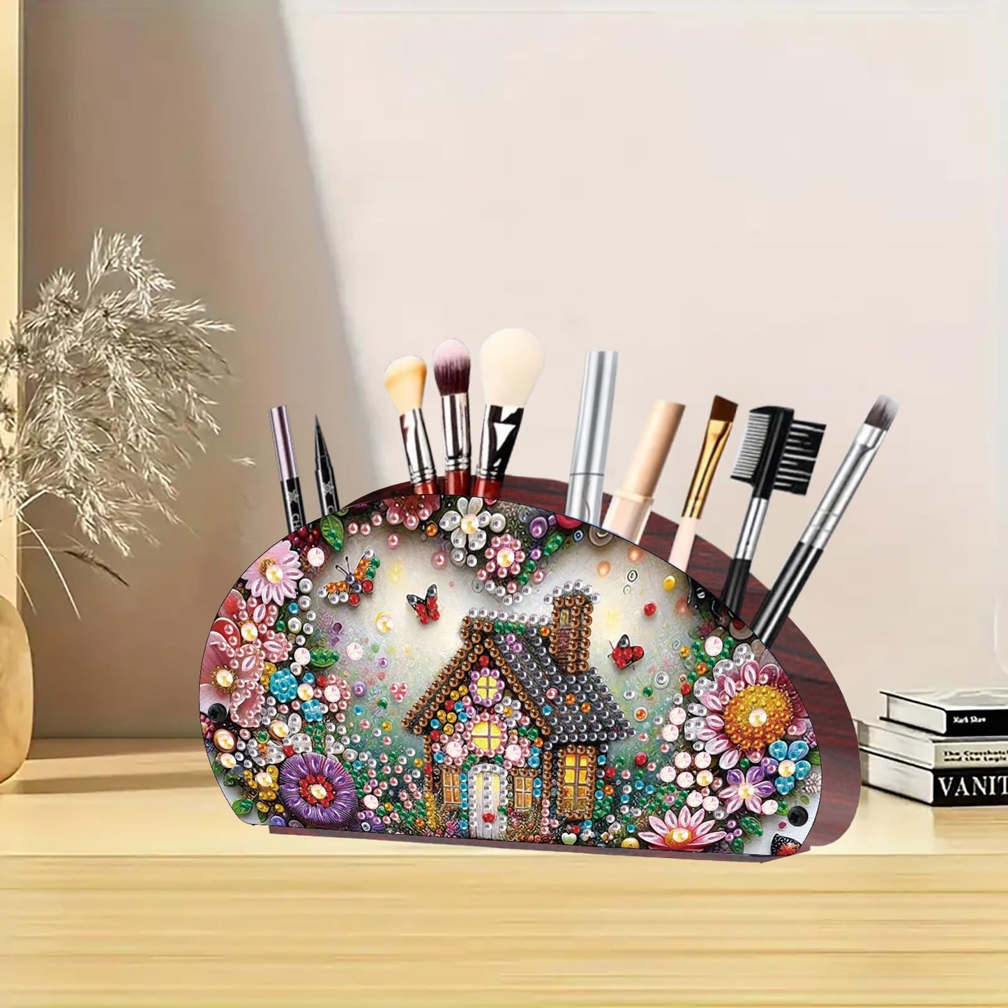 ARTopet Diamond Art Painting Multi-grid Storage Box DIY Wooden Moon Fan-Shaped Tabletop Organizer Double Sided Drill Makeup Brush Organizer for Women Office Home Ornament-House