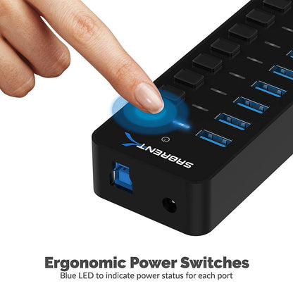 SABRENT 10-Port USB 3.0 Hub, Individual Power Switches and LEDs, 3 Smart Charging Ports, 60W Power Adapter, for PC, Mac, Xbox, PS5, Laptop, Desktop, USB Devices (HB-B7C3)