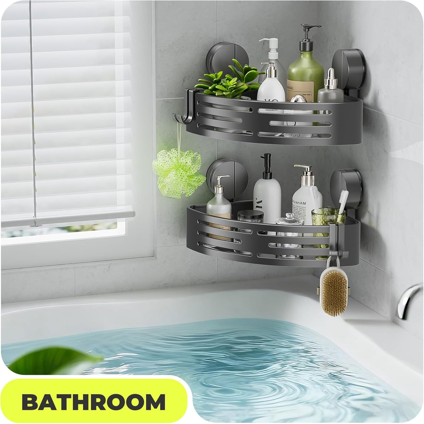 2 BREIS Corner Shower Caddy Suction Cup, PCS No Drilling Shower Shelves with Hooks, Powerful Upgraded Suction Bathroom