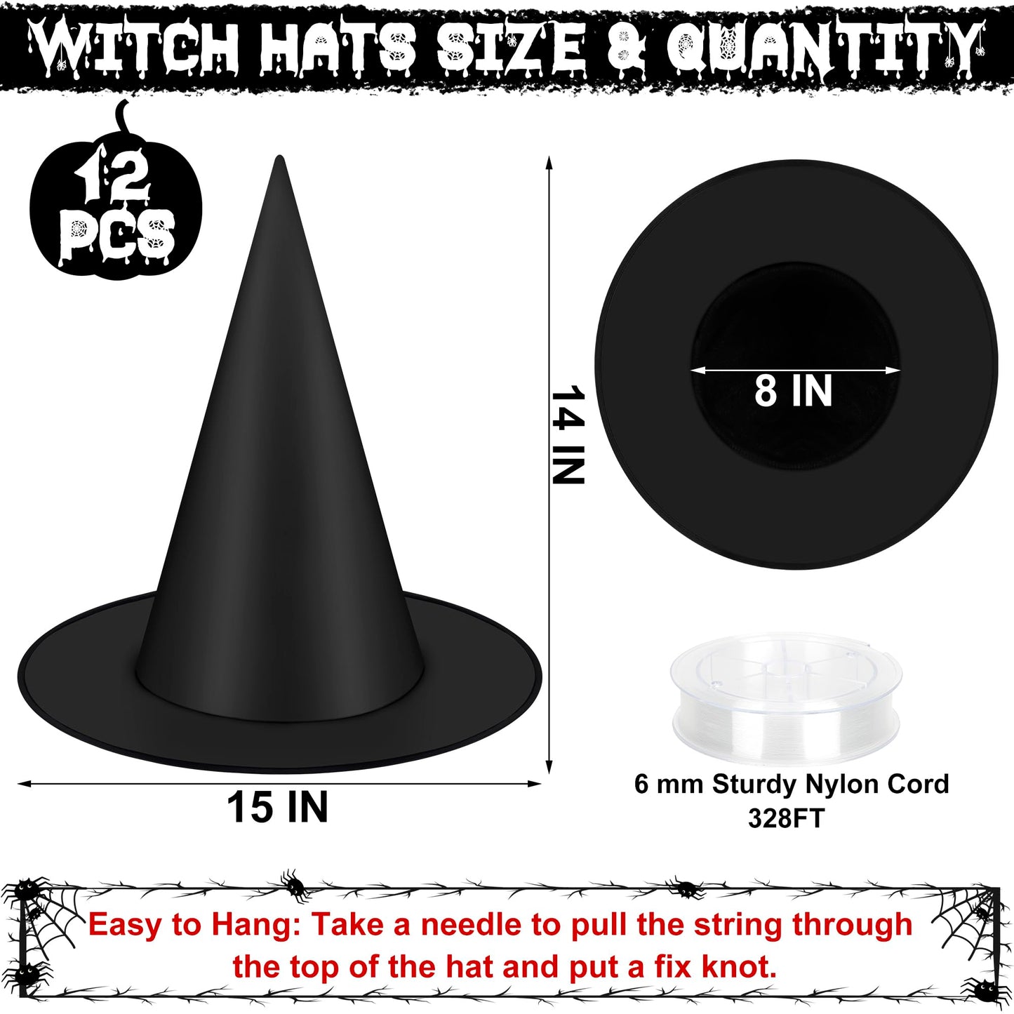 Helimoto 12 PCS Halloween Witch Hats, Black Hanging Witch Hats, Witch Costume Accessories Witches Hat with 328 FT Nylon Cord Wizard Hats Indoor Outdoor Halloween Decorations
