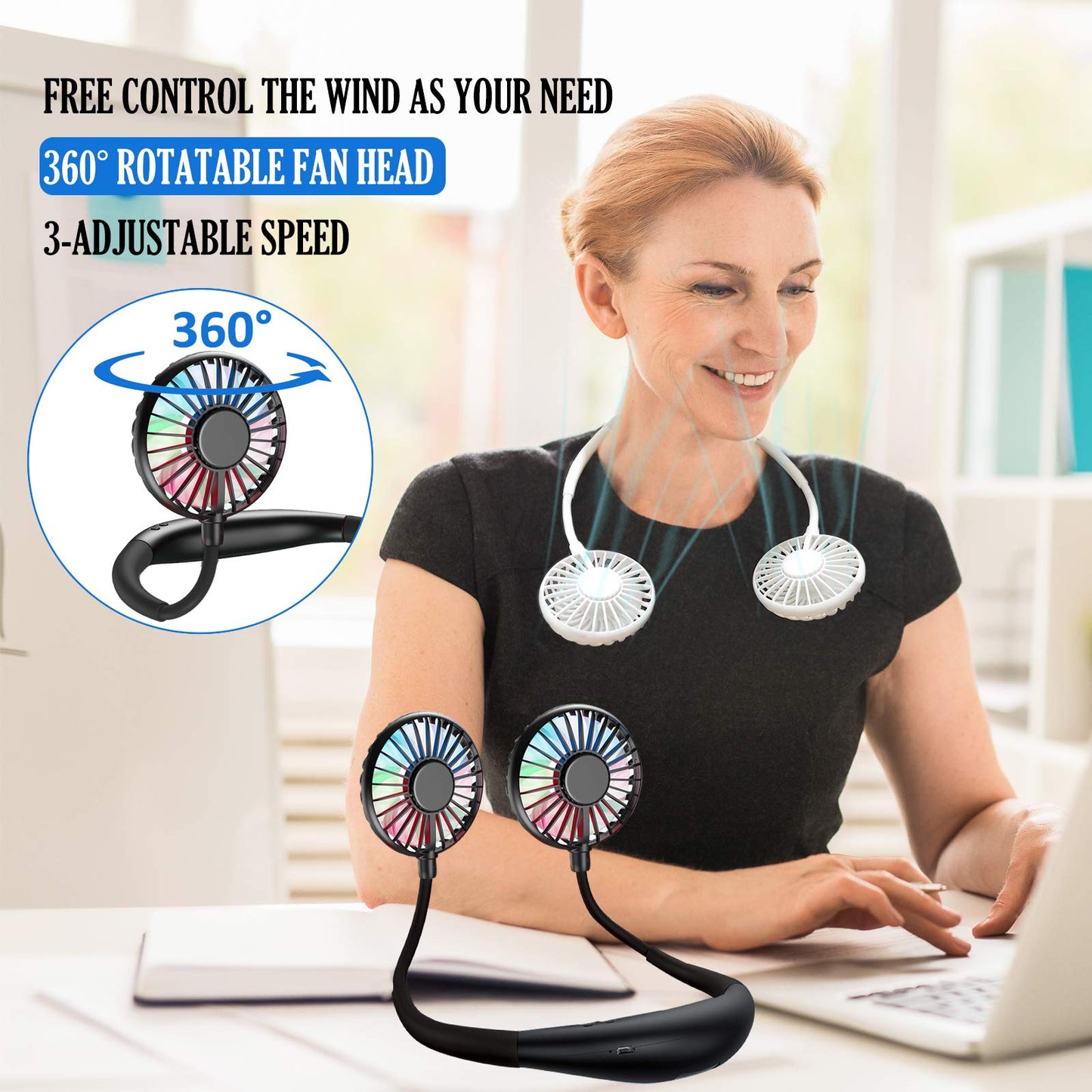 Neck Fan - 2600mAh Battery Operated Hands Free Fan, Portable Hang Around Neck Fans for Fishing, Camping, Hiking, Working, USB Powered, Over 12 Hours Cooling