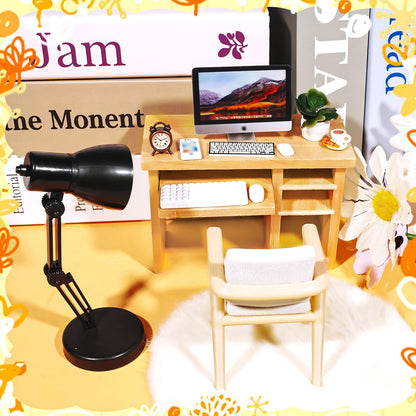 Hiawbon 11PCS 1:12 Scale Miniature Office Furniture Set, Miniature Office Table and Chair, Mini Simulation Desktop Computer with Mouse Keyboard Model Simulation Accessories for Mini House