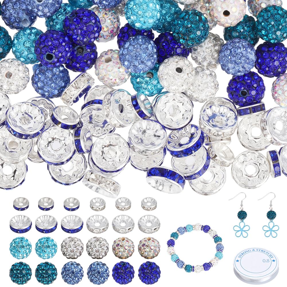 PONABEADIY 150PCS Blue Rhinstone Sparkly Beads Kit with Elastic Crystal Thread Round Spacer Polymer Clay Iron Brass Charms Loose Spacer Bead Bulk for Jewelry Making Bracelets Necklace DIY Craft Supply
