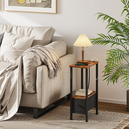 1 1 VIMBER Narrow Side Table for Small Spaces, Skinny End Table with Charging Station, Sofa Beside Table with Drawer