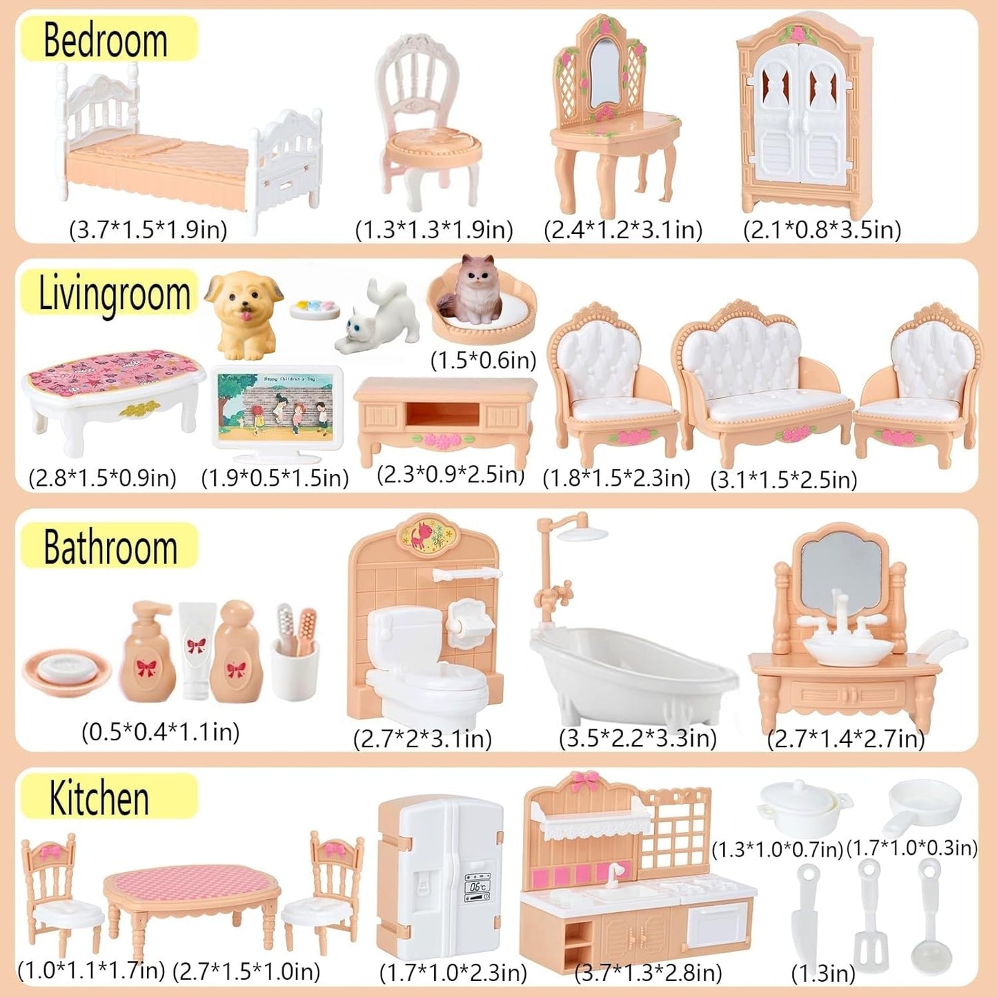 Xadothat Dollhouse Furniture Set, Complete Room Collection with Kitchen, Dining, Living Room, Bedroom and Bathroom Accessories, Plastic (36-Piece Hrown)