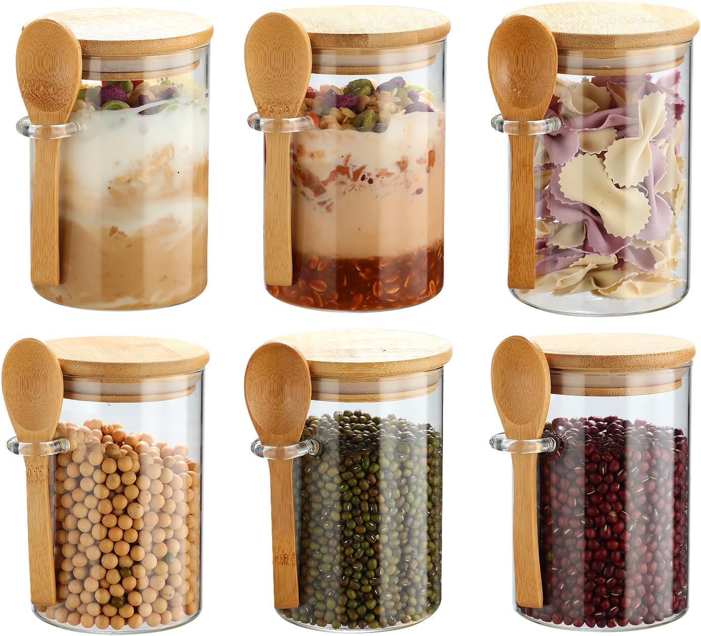 Recceng 6 Pack 17 OZ Set Glass Jars with Bamboo Lids and Spoons for Loose Leaf Tea Storage, Overnight Oat Container
