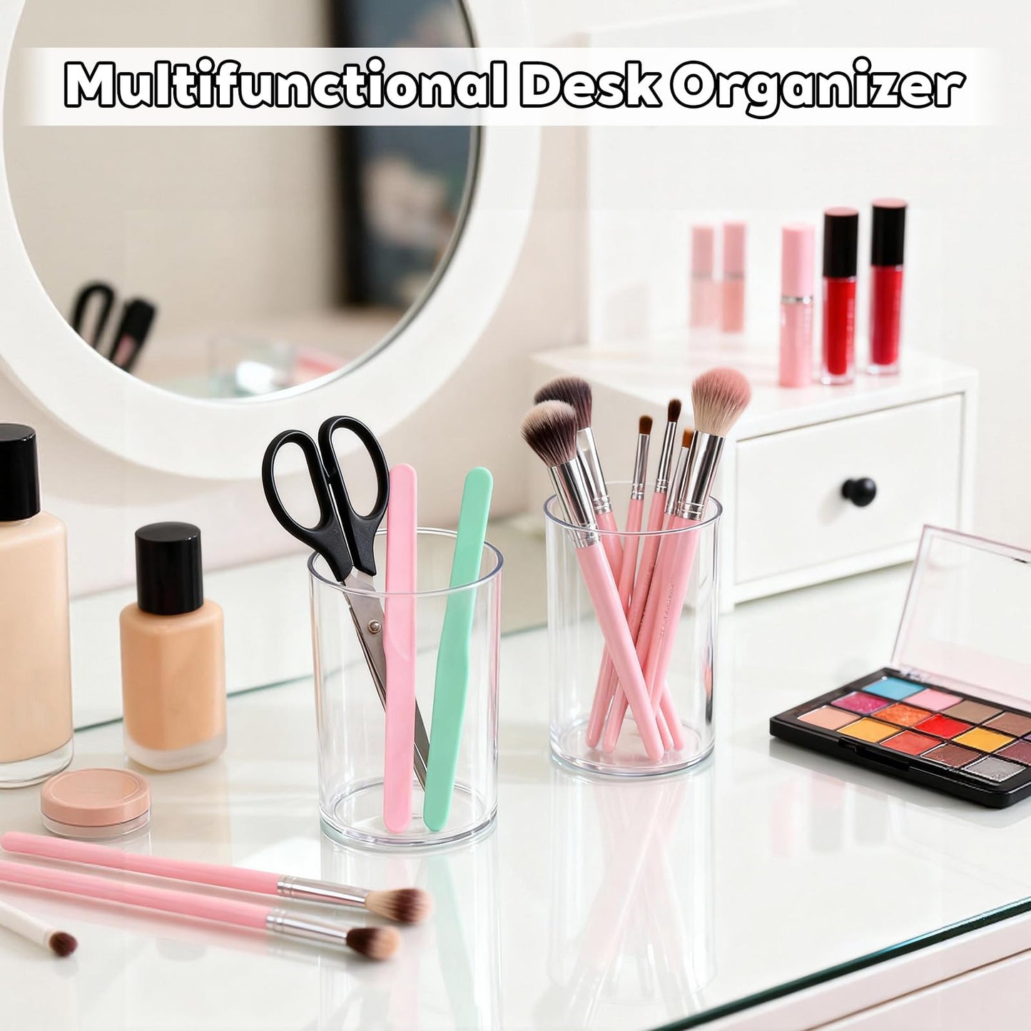 IBEQUEM 12Pack Clear Acrylic Pen Holder Makeup Brush Round Pencil Holder for Desk Pen Cups Desk Organizers and Storage Desktop Stationery Organizer for Office School Home Supplies