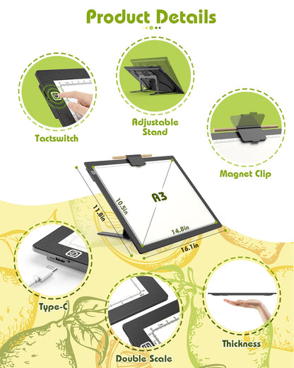 A3 Light Board for Diamond Painting, Rechargeable Battery Light Pad, Magnetic Tracing Light Box, Ultra-Thin Copy Board with 3 Colors& 6 Levels Adjustable Brightness for Drawing, Sketching, Animation