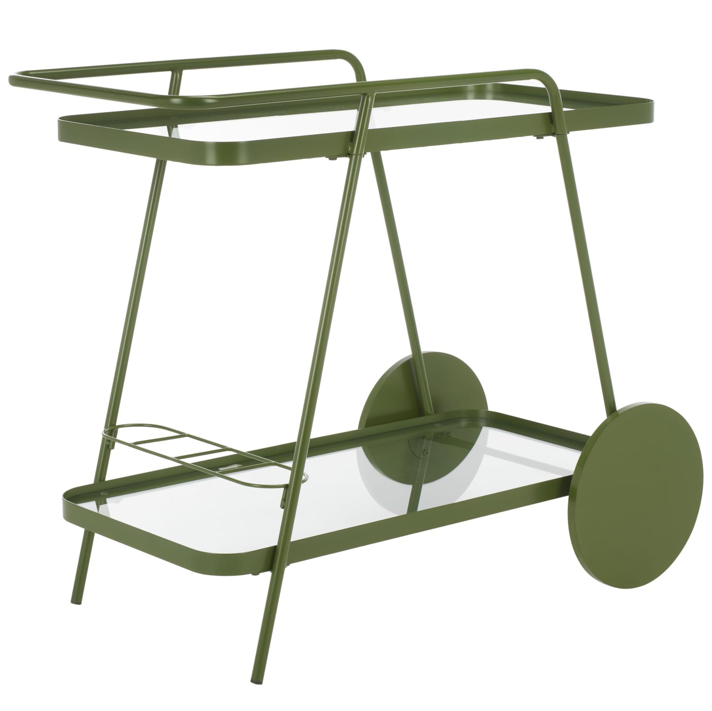SAFAVIEH Home Collection Zunia Green/Clear Glass 2-Tier Bar Cart with Wheels