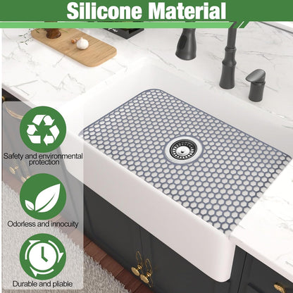 Sink Protectors Mat - 25.79"x13.98" Kitchen Sink Pad for Bottom of Basin for Protection of Stainless Steel and Tableware, Farmhouse Rubber Basin Mat Protector with Center Drain - Light Gray