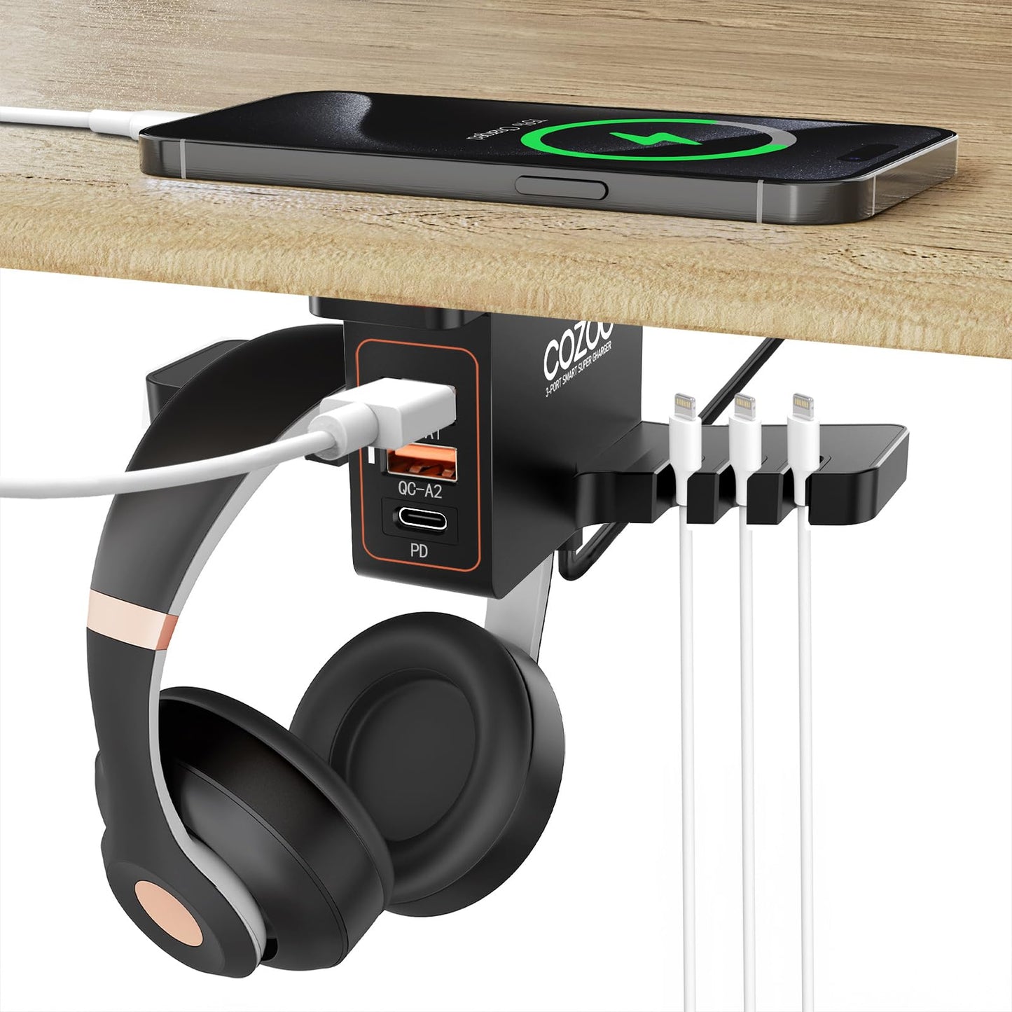 COZOO Headphone Stand with USB Charger Under Desk Headset Holder Mount with 3 Port USB Charging Station (20W PD & QC3.0) and iWatch Stand Smart Watch Charging Dock Dual Earphone Hanger Hook,UL Tested
