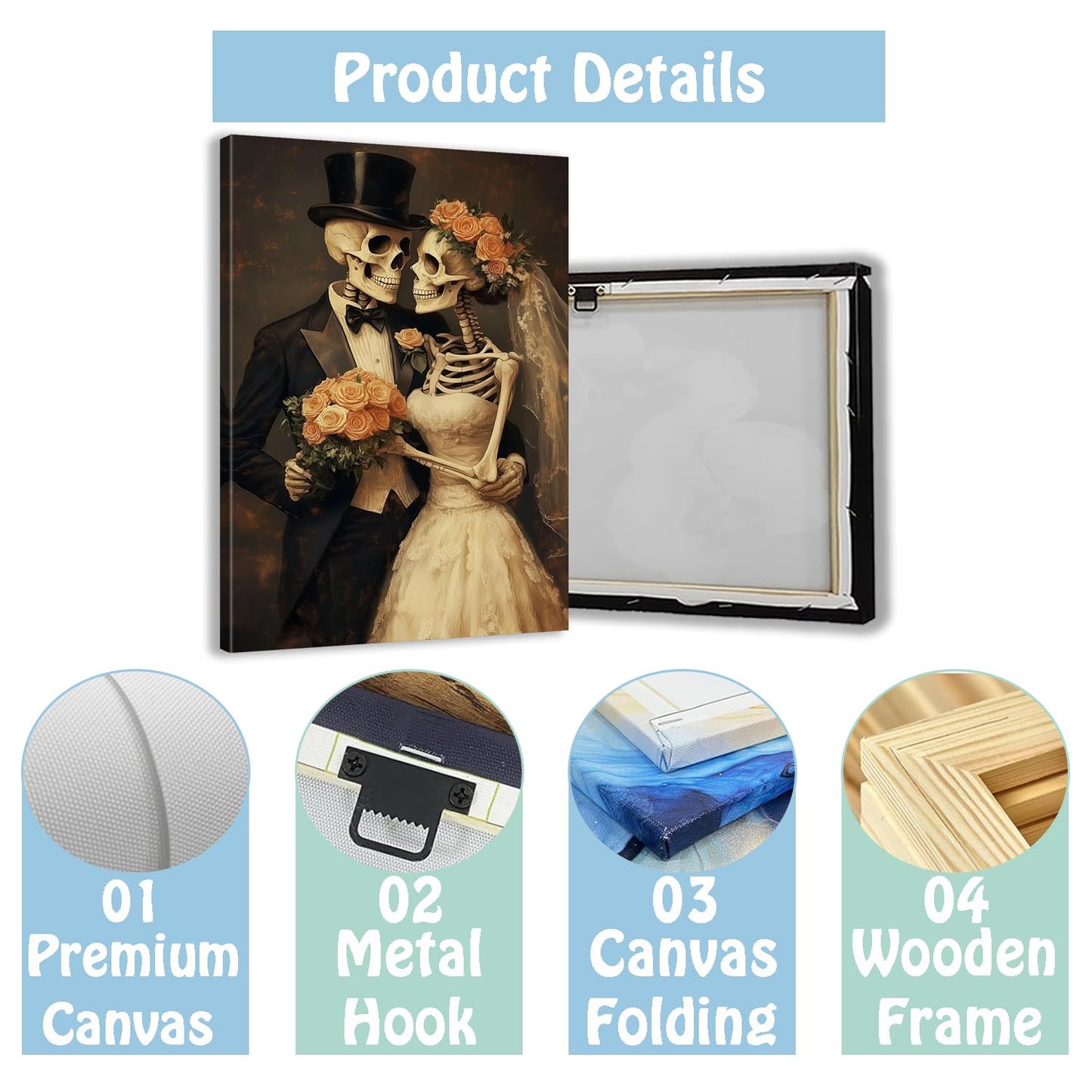 SANGGUOBIN Halloween Canvas Wall Art Skeleton Bride Groom Portrait Prints Gothic Haunted Romantic Wedding Poster for Bedroom Living Room Bathroom Decor(Black-2,12x18inch)