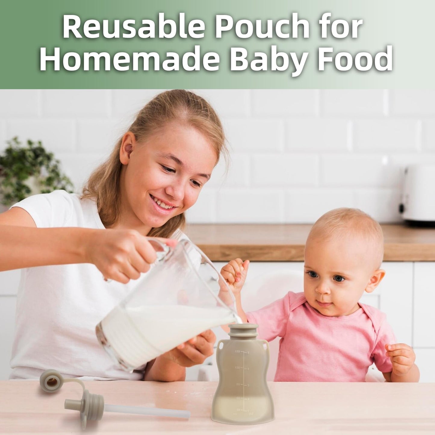 Eascrozn Reusable Baby Food Pouches with Straws, 4 Pack Refillable Silicone Squeezable Pouch for Kids Toddlers, BPA Free, Baby Food Storage Containers for Make Homemade, 5 oz