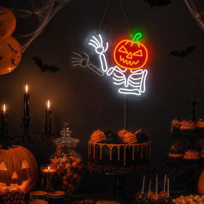 Waving Pumpkin Skeleton Neon Sign, Flashing Halloween Neon Sign, Dimmable Skull Led Light for Wall Decor, Halloween Decorations for Home, Party, Bar, Window