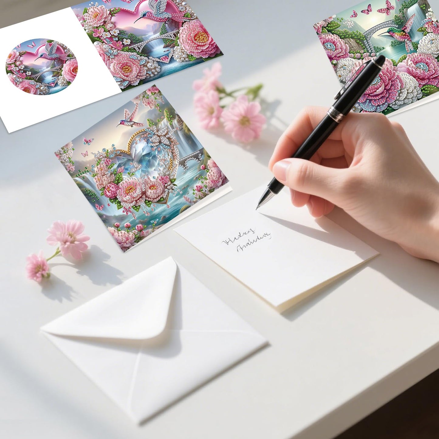 6 Pack Diamond Art Greeting Cards with Envelopes, Flowers and Hummingbirds DIY 5D Diamond Painting Card Kit, Handmade Rhinestone Postcards for Birthday & Valentine’s Day Wishes (30x15cm)