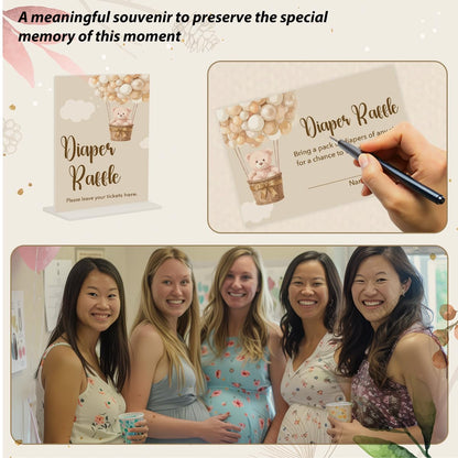 Diaper Raffle Tickets Baby Shower Game, Teddy Bear Baby Shower Decorations, Bear Babies Party Game Sign Card, Gender Reveal Decor 1 Acrylic Sign and 30 Cards Set 4503