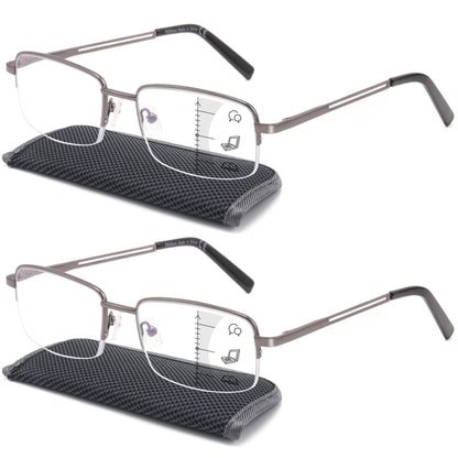 Premium 2 PACK Durable Progressive Multifocus Reading Glasses for Men Blue Light Blocking Computer Reader Anti Eyestrain Metal Frame Spring Hinges (for Mid-Near Range approx 3ft) 1.5 Gunmetal