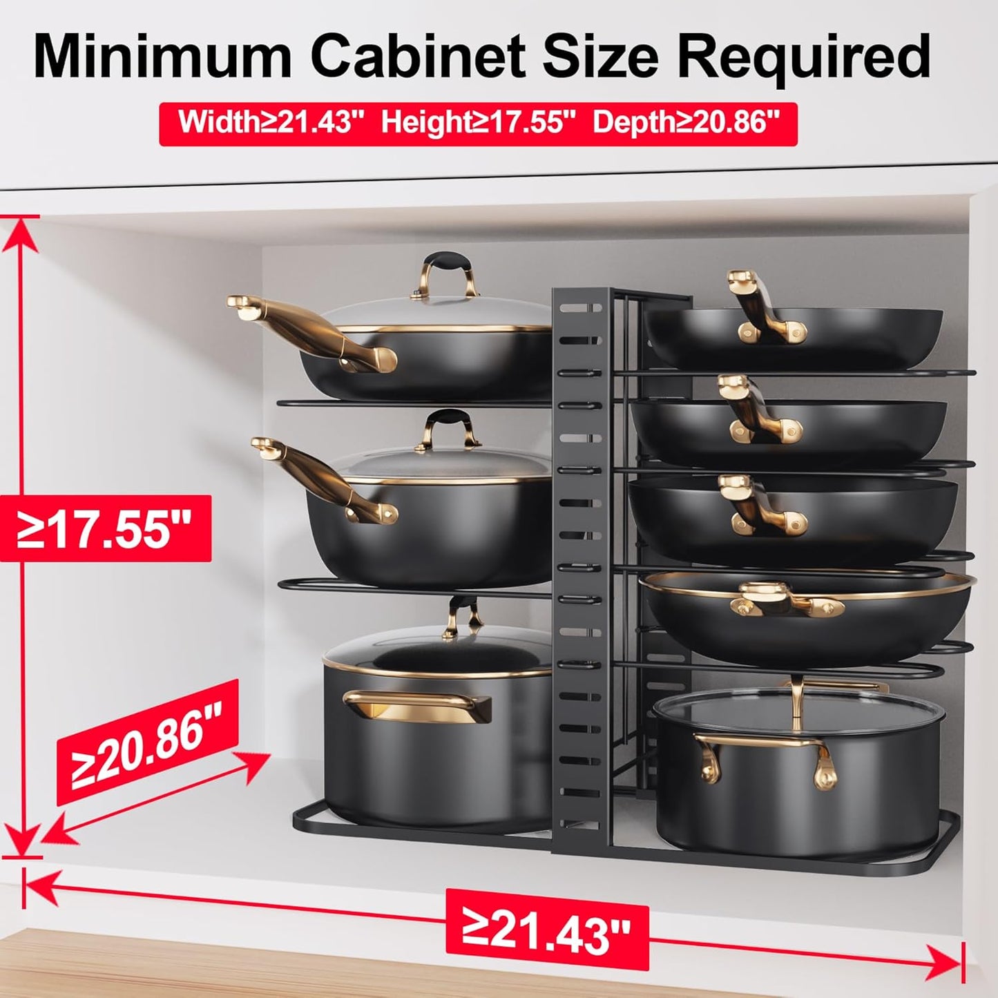 MUDEELA Pots and Pans Organizer Rack under Cabinet 14.55in Height, 8-Tier Kitchen Cabinet Organizers and Storage, Light-Duty Adjustable Pot Racks, Pan Organizers inside Cabinet with 3 DIY Methods