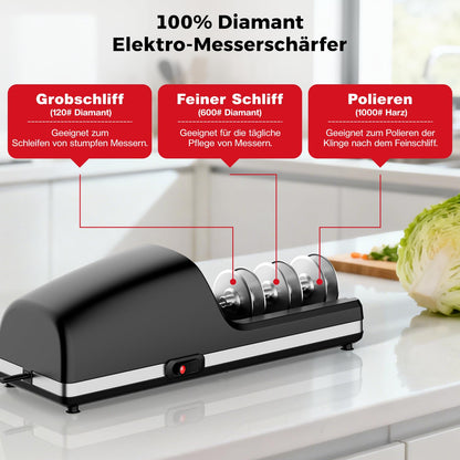 Professional Electric Knife Sharpener, 3-Stage Diamond Abrasive Sharpening System, Replaceable Sharpening Heads, 15° Precision Angle Guide for Kitchen Knives, Quick Blade Repair and Restoration