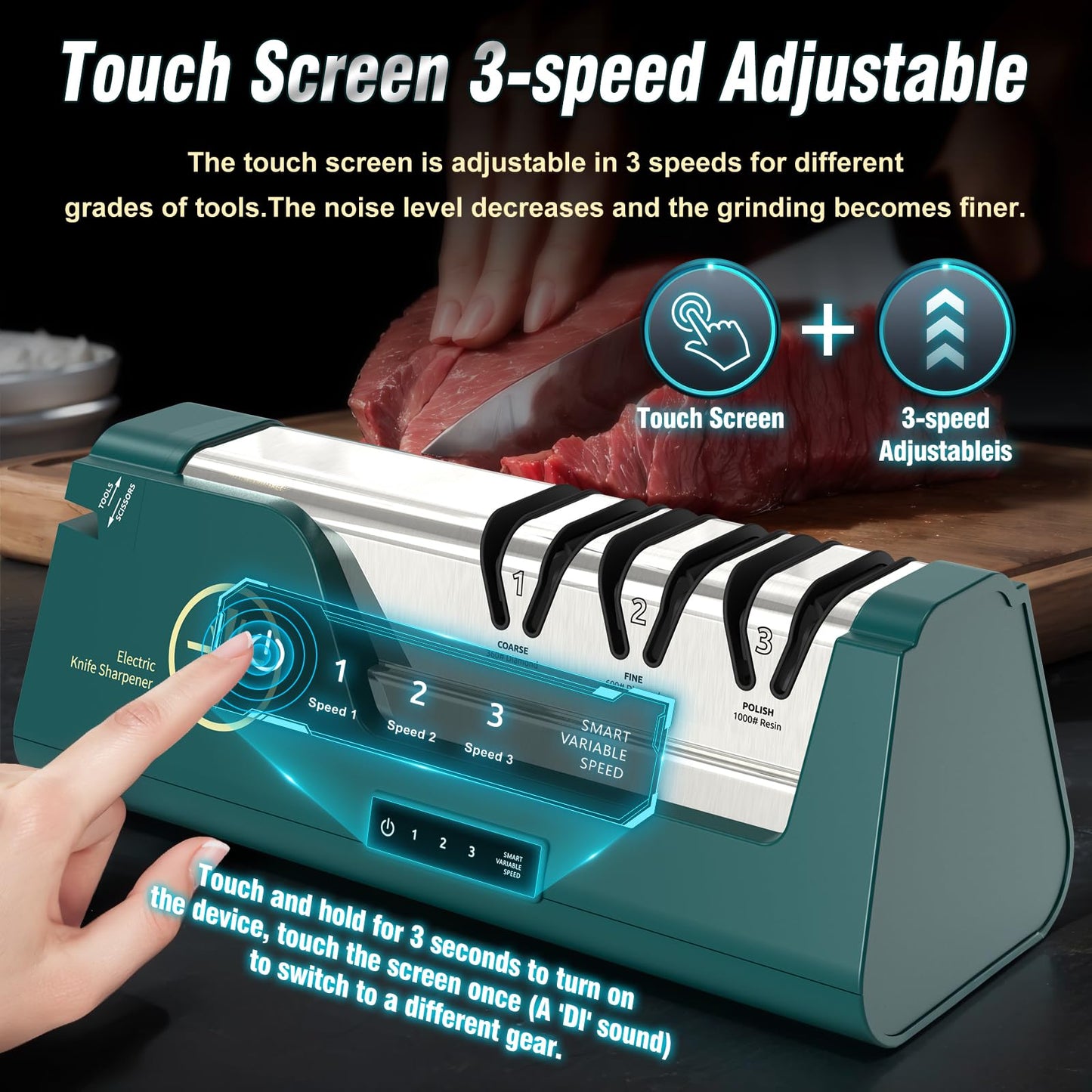 Professional Electric Knife Sharpener with 100% Diamond Abrasives & Precision Angle Guides, 3-Speed Variable 4-Stage Open Touch-Screen Knife Sharpener for Straight, Serrated Edges, Scissors & Axes
