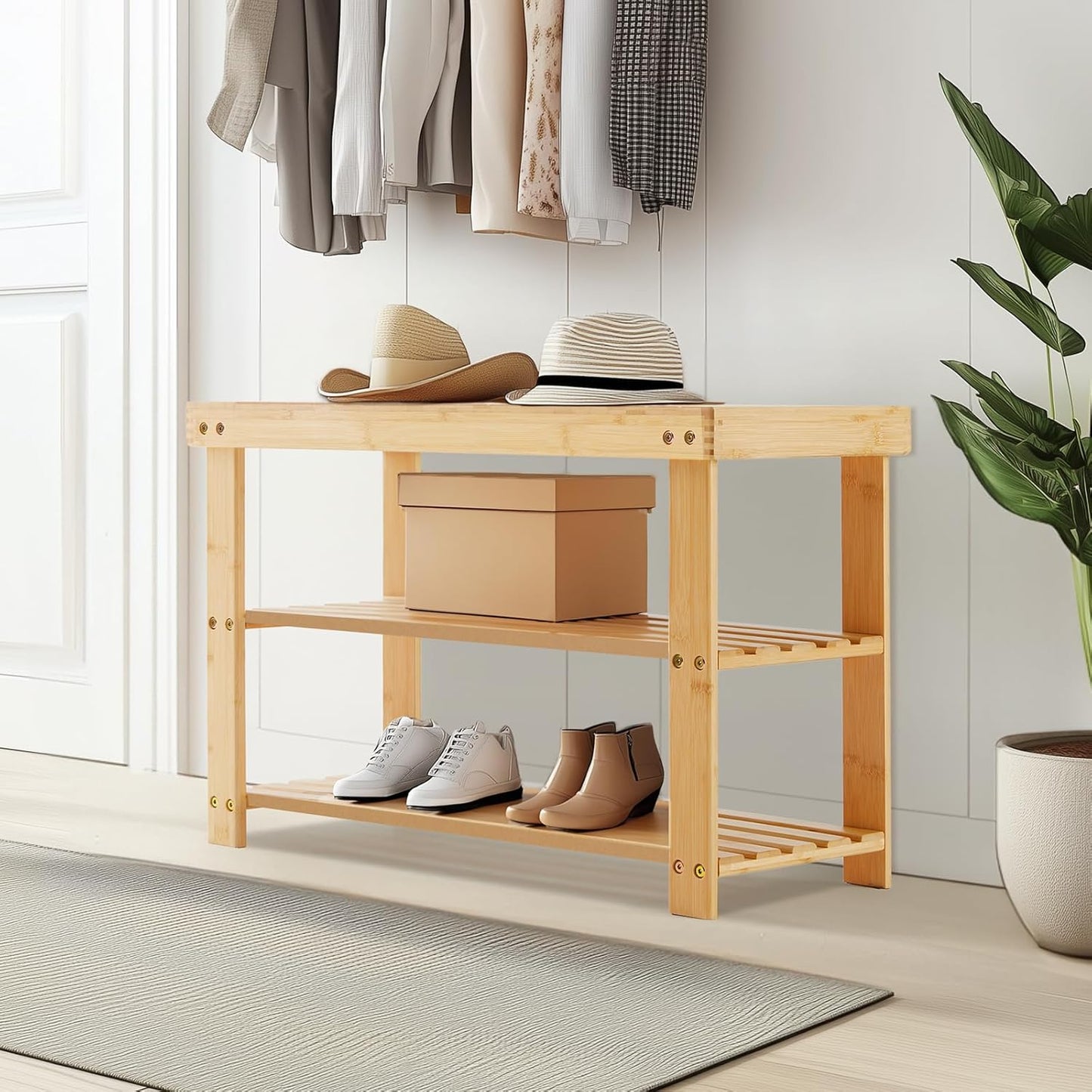 3-Tier 286lb 11.3 27.6 17.8 Inches, Sweetcrispy Shoe Rack Bench, Bamboo Entryway Storage Organizer, Capacity, Shoes
