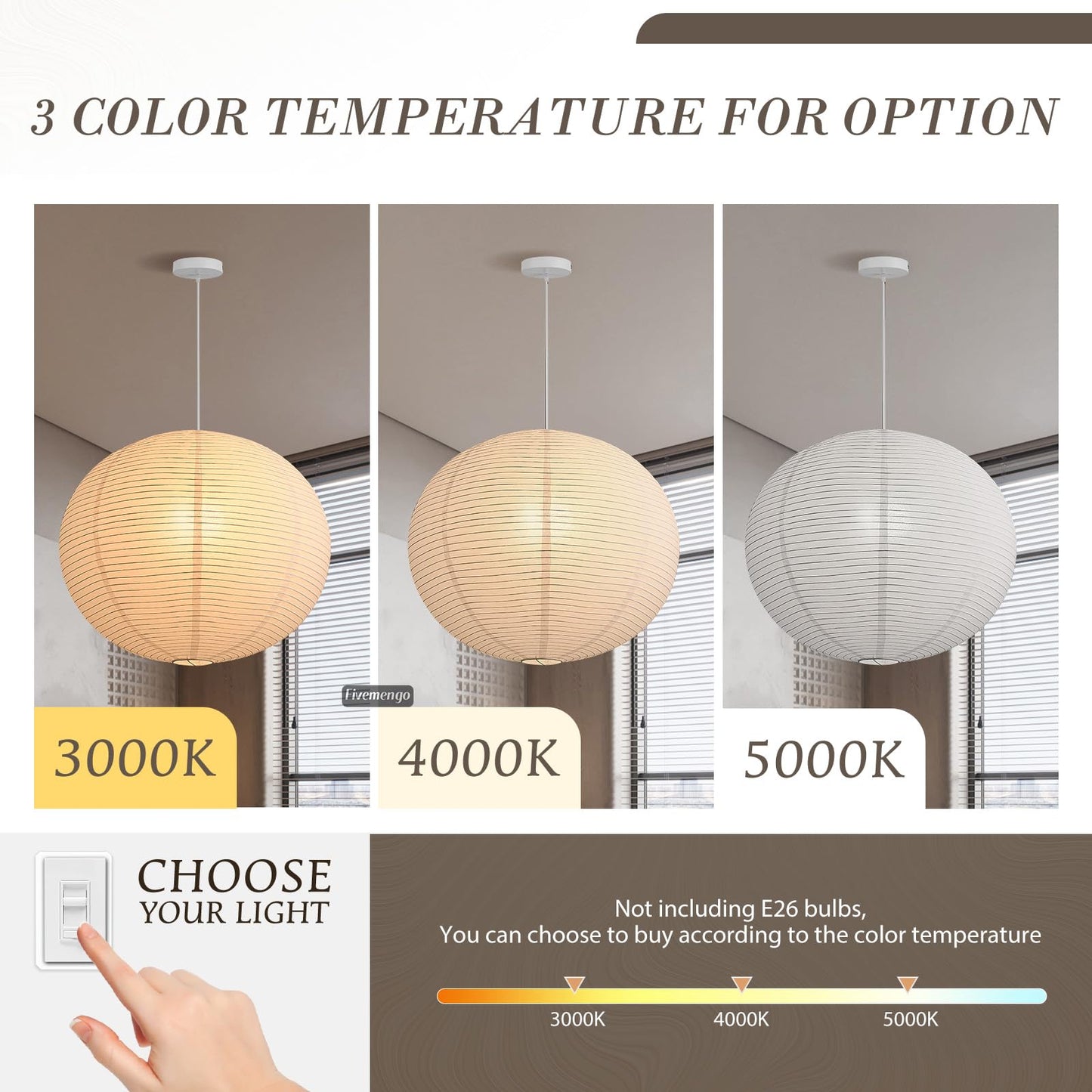 Fivemengo Large Rice Paper Pendant Light Kit, 20in White Globe Paper Lantern Lights, E26 Base, Japanese Hanging Lantern Lamp Japandi Chandelier for Dining Room Bedroom Office Living Room