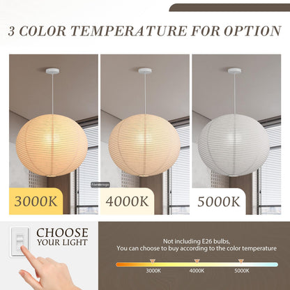 Fivemengo Large Rice Paper Pendant Light Kit, 20in White Globe Paper Lantern Lights, E26 Base, Japanese Hanging Lantern Lamp Japandi Chandelier for Dining Room Bedroom Office Living Room