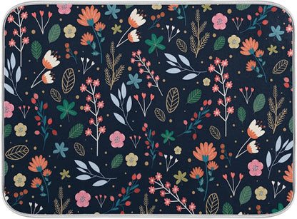 Dish Drying Mat for Kitchen Counter, Colorful Flowers Black Absorbent Drying Matt for Dishes Sink 16'' x 18''