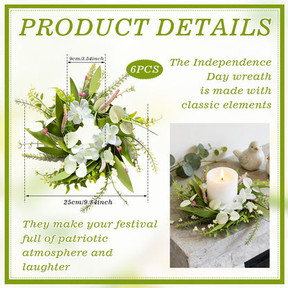 6 Pcs Small Spring Summer Candle Ring Wreaths Mini Pillar Candle Holder Wreath with White Hydrangea Flowers and Eucalyptus Leaves Artificial Spring Summer Wreath for Home Kitchen Table Cnterpieces