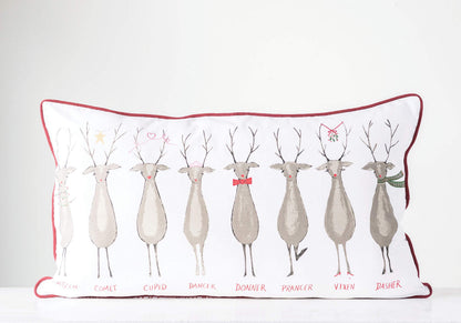 Creative Co-Op Rectangle Santa's Reindeer Cotton Pillow with Red Piping