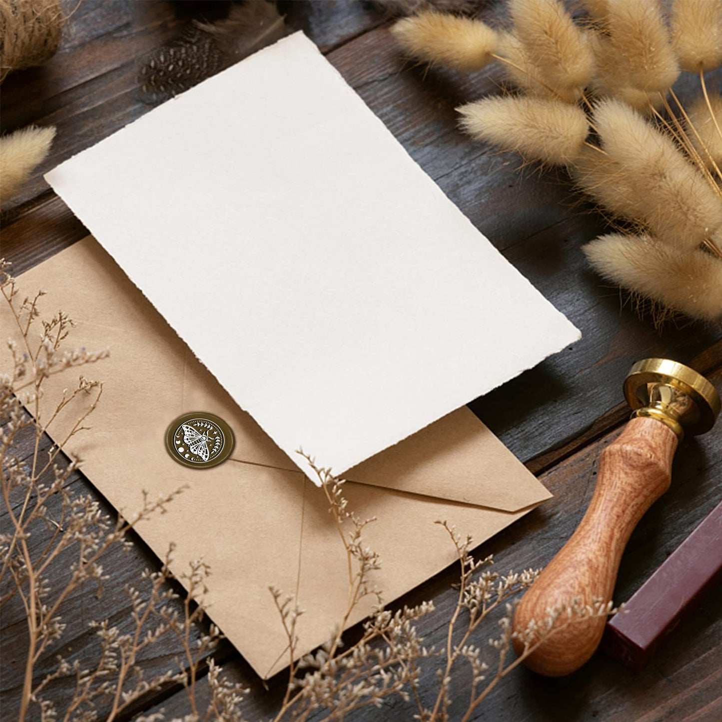 CRASPIRE Moth Wax Seal Stamp Garland Vintage Sealing Wax Stamps Moon Star 30mm Retro Removable Brass Head with Wood Handle for Wedding Invitations Envelopes Halloween Christmas Thanksgiving Packing