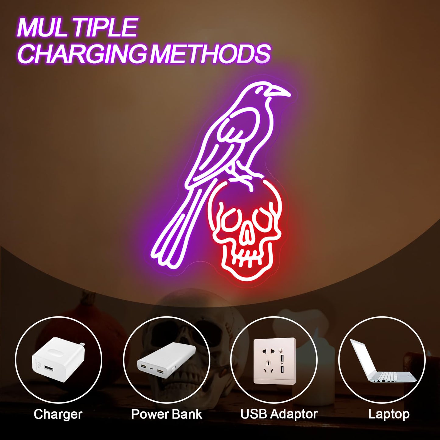 Raven Skull Neon Sign, LED Neon Sign Wall Decor Gothic Raven Light for Bedroom Studio Game Room, Animal Skeleton Bird Art Wall Display 15.7” × 11.4”