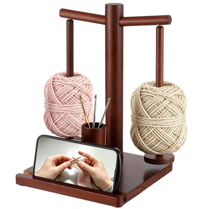 Wooden Yarn Holder for Crocheting and Knitting, Upgraded Metal-gripping Rotating Yarn Winder Ball Spinner with Spindles & Hook Storage for Knitting, Ideal Present for Crochet Accessories Tools