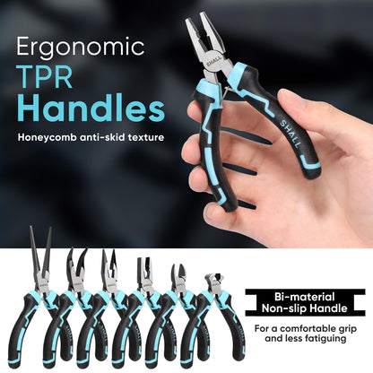 SHALL Mini Pliers Set, 6-Piece Small Pliers Tool Set Includes Needle Nose, Long Nose, Bent Nose, Diagonal, End Cutting and Linesman for Making Crafts, Electronic Repairing & Jewelry with Pouch