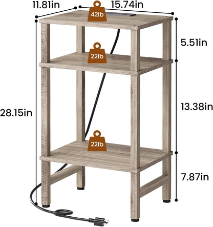 3 Asgolion Tier End Table with Storage and Fast Charging Station, Tall Narrow Nightstand with Type C and USB Port
