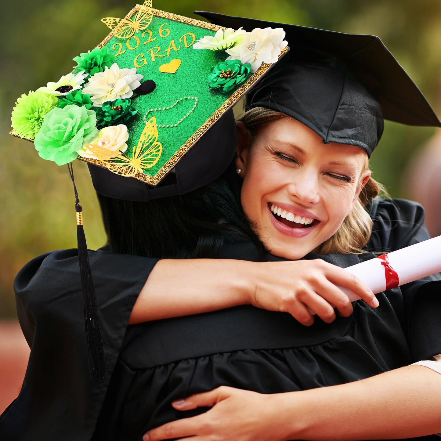 Wavwavw 43 PCS DIY Graduation Cap Decorations Kit, Grad Cap Decorations Included Faux Flowers 3D Butterfly Self Adhesive Rhinestones Stickers Alphabet Letter Stickers for 2026 Grad Party(Green)