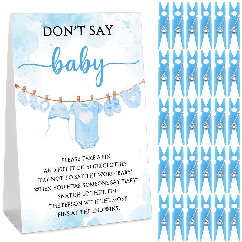 Cinnvoice 51 Pcs Baby Shower Games Supplies Include Blue Clothespins Don't Say Sign and 50 Plastic Clip Funny Baby Shower Party Decorations for Gender Reveal Favors