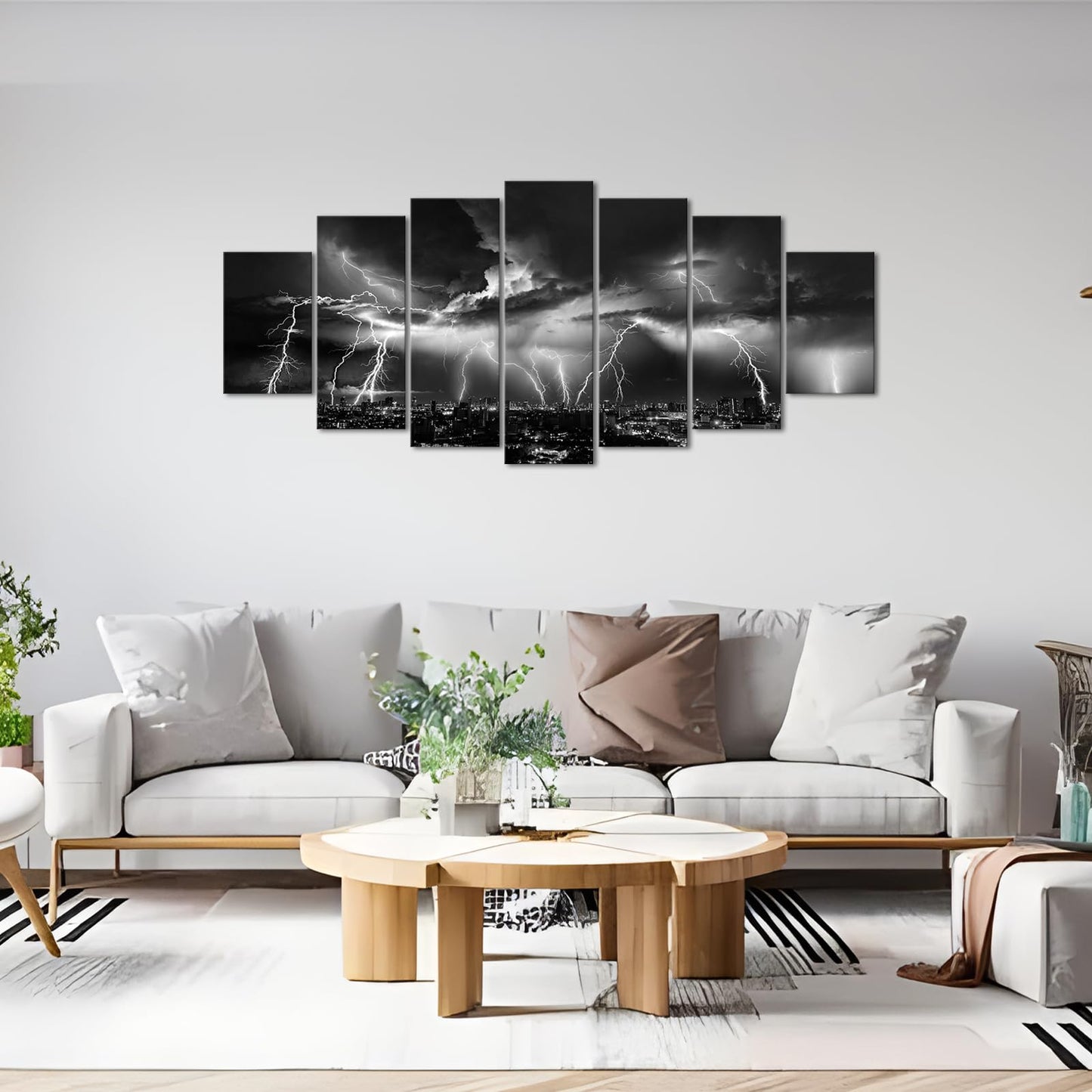 Biuteawal Large 7 Piece Black and White Wall Art Lightning Strikes Painting on Canvas Storm Cityscape Picture Print Nature and City Artwork for Home Office Bedroom Decoration