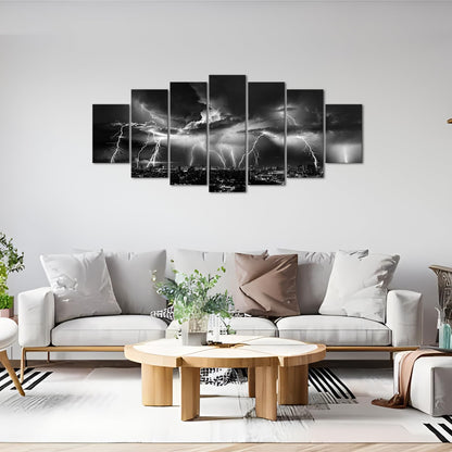Biuteawal Large 7 Piece Black and White Wall Art Lightning Strikes Painting on Canvas Storm Cityscape Picture Print Nature and City Artwork for Home Office Bedroom Decoration