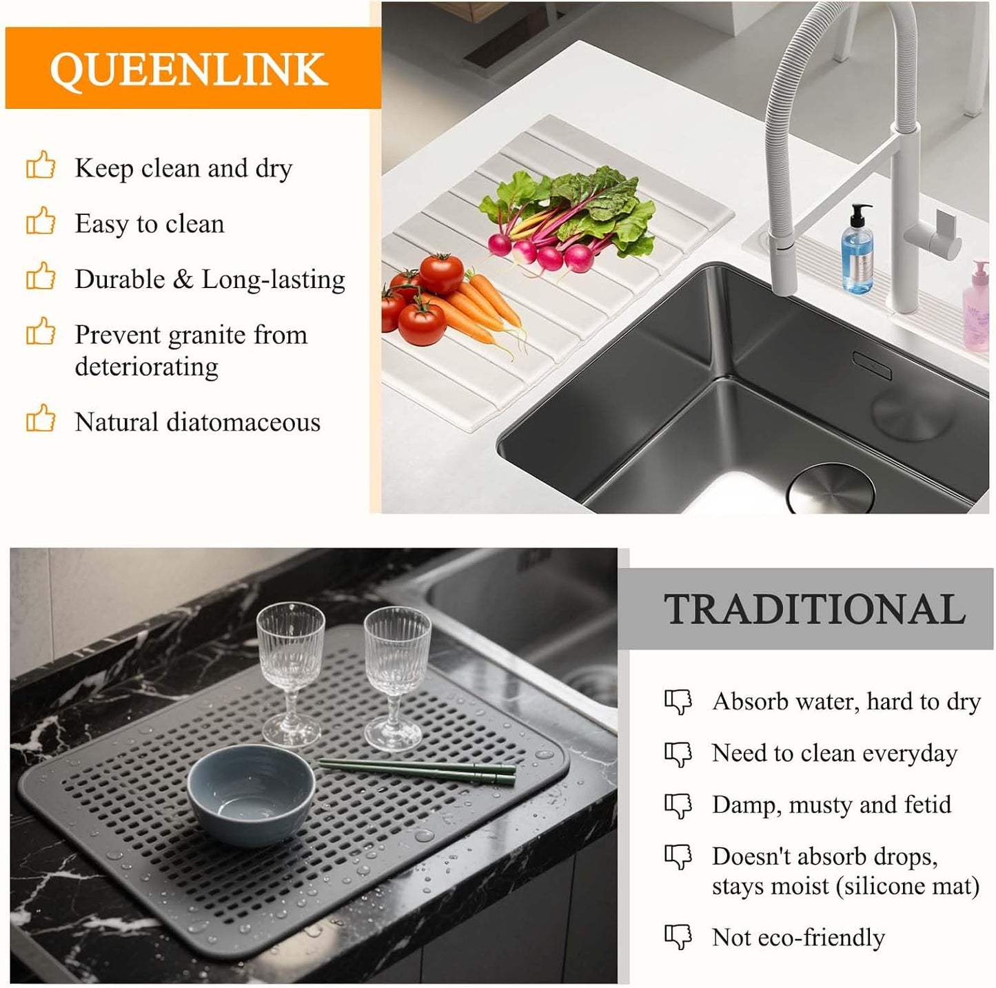 2-in-1 Countertop, Set, Stone Drying Mat Kit Faucet Mat for Kitchen Sink & Drying Stone for Quick Dry Diatomaceous