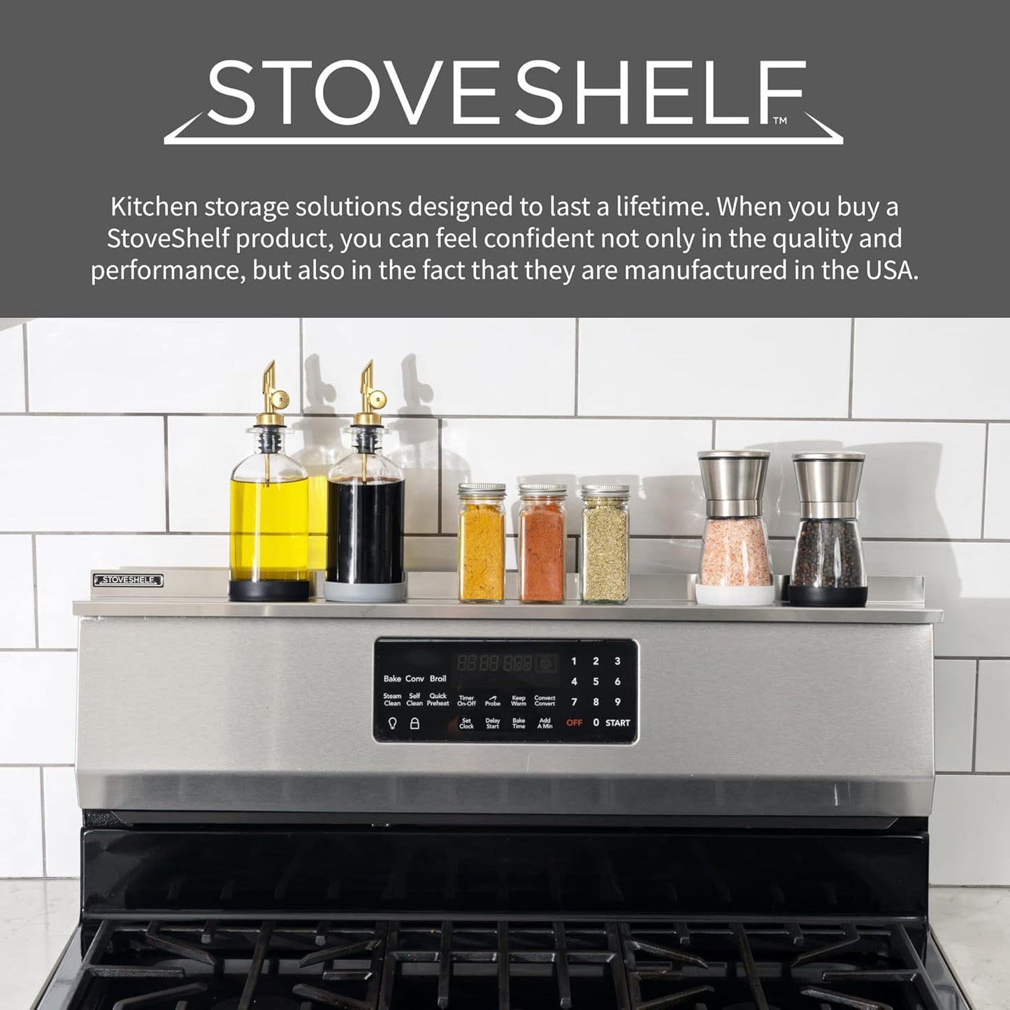 24" StoveShelf Apartment Length Stainless Steel Finish Magnetic Shelf for Kitchen Stove - Kitchen Storage Solution