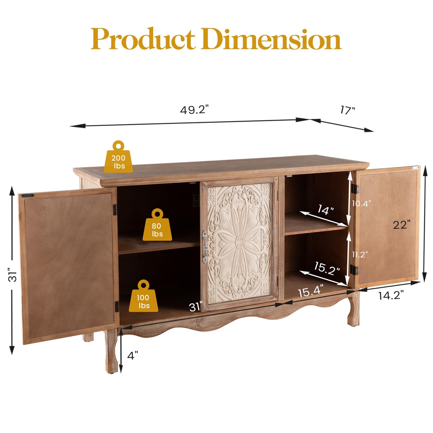 FansaFurn Accent Storage Cabinet with 3 Carved Doors and Shelves, Farmhouse Sideboard Buffet Sideboard with Storage, Wood Kitchen Cabinet for Living Room, Entryway, Dining Room and Kitchen, Natural